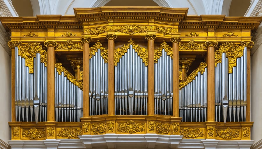 Large traditional pipe organ in a cathedral setting with decorative pipes