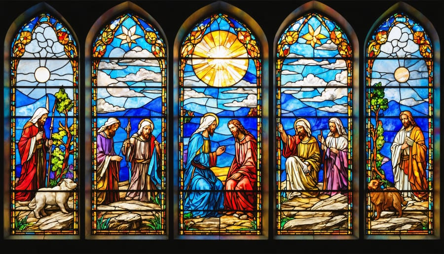 Ornate stained glass window showing biblical narratives through colorful artistic design