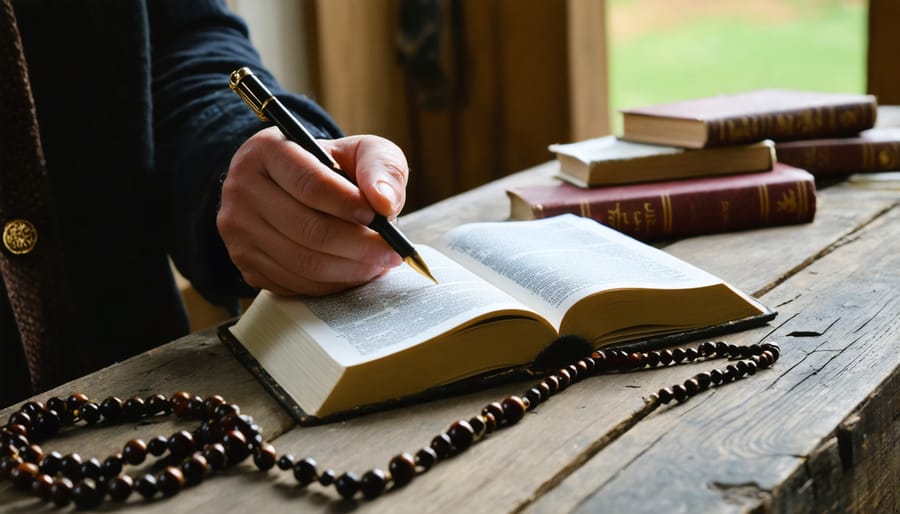 Christian practicing scripture meditation with journal, Bible, and prayer beads