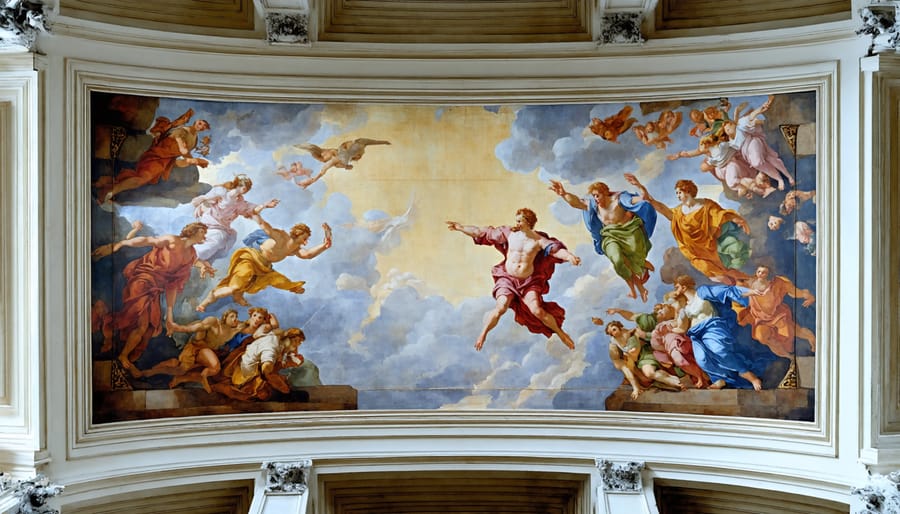 Detail of Michelangelo's Creation of Adam fresco from the Sistine Chapel ceiling showing God reaching out to Adam