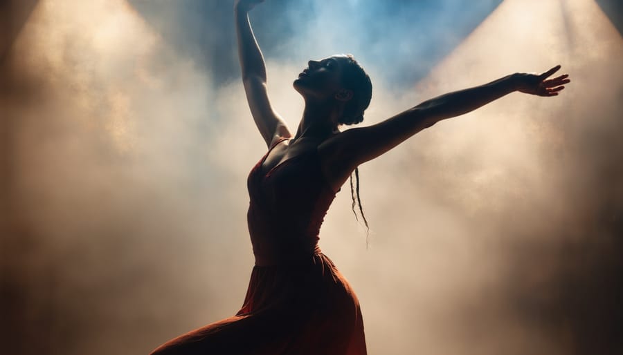 Single liturgical dancer performing a praise dance with uplifted arms and flowing movement