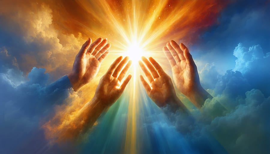 Artistic representation of hands reaching toward divine light