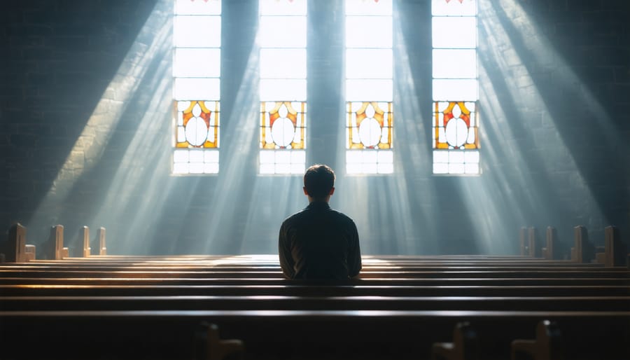 Solitary figure praying in an empty church with dramatic lighting