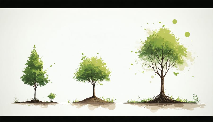 Illustration showing progressive stages of tree growth symbolizing spiritual development