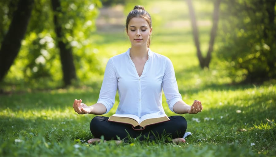 Individual practicing spiritual meditation with an open Bible in a serene garden