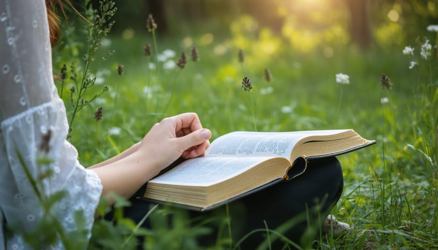 Individual engaged in biblical reflection and journaling outdoors