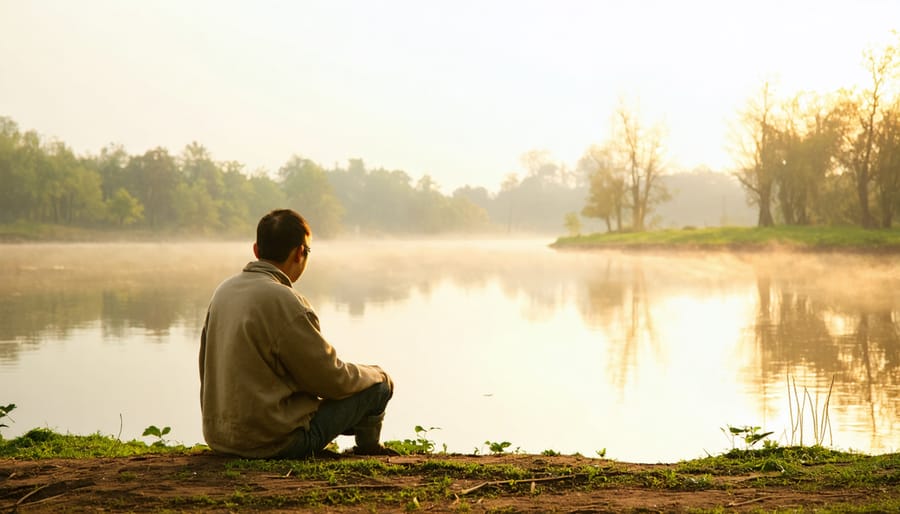 Person in peaceful meditation by a tranquil lake during sunrise