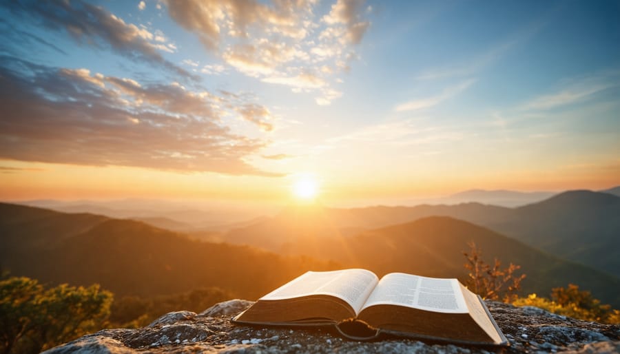 Silhouette of person in prayer with open Bible against dramatic sunrise backdrop