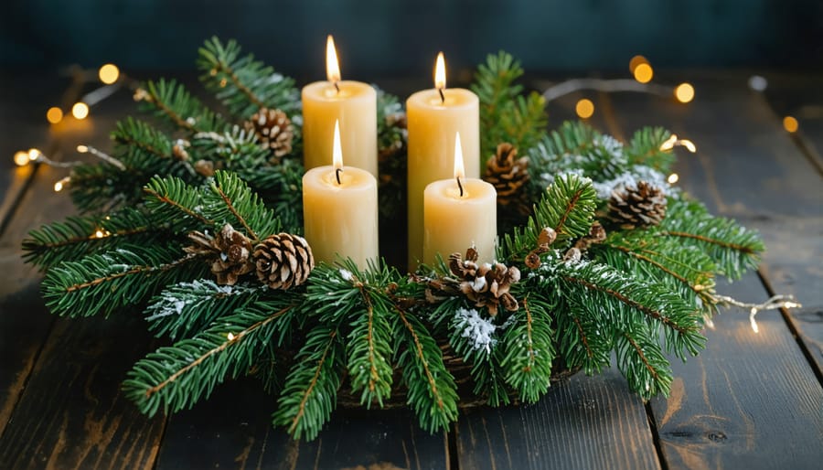 Eco-friendly Advent wreath featuring natural materials and purple and pink candles