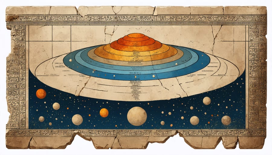 Ancient clay tablet illustration showing the cosmos divided into three distinct realms: heavens above, earth in the middle, and underworld below