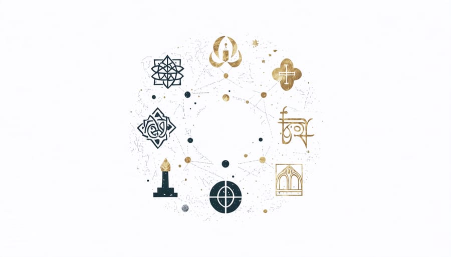 Circle of connected religious symbols including cross, crescent, Star of David, Om symbol, and dharma wheel