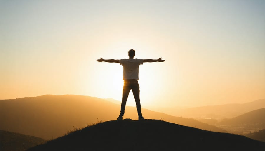 Silhouette of person with raised arms expressing worship at dawn