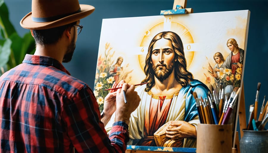 Artist creating faith-inspired artwork on canvas with brushes and paints