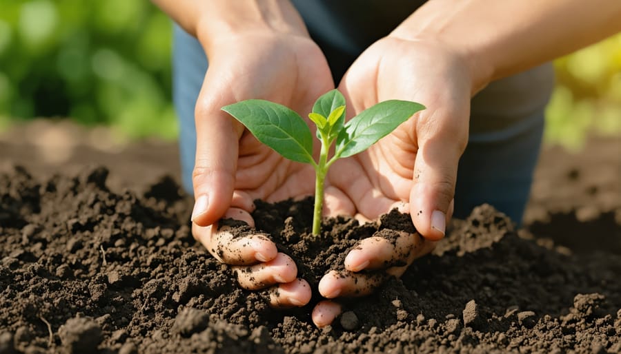 Human hands gently holding soil with a growing green seedling, representing environmental stewardship