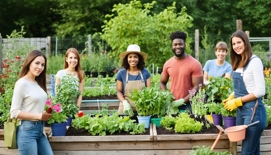 Multi-ethnic group working in a community garden, sharing tools and harvesting vegetables