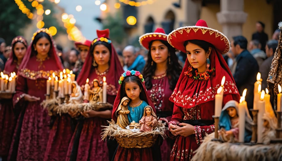 Las Posadas celebration with people carrying candles and religious symbols in evening procession