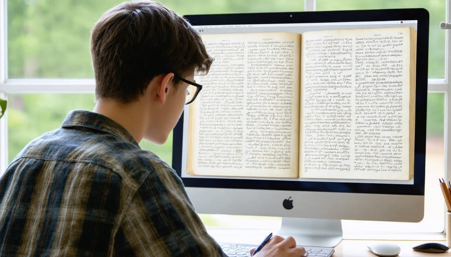 Person using computer with biblical language study software and reference materials