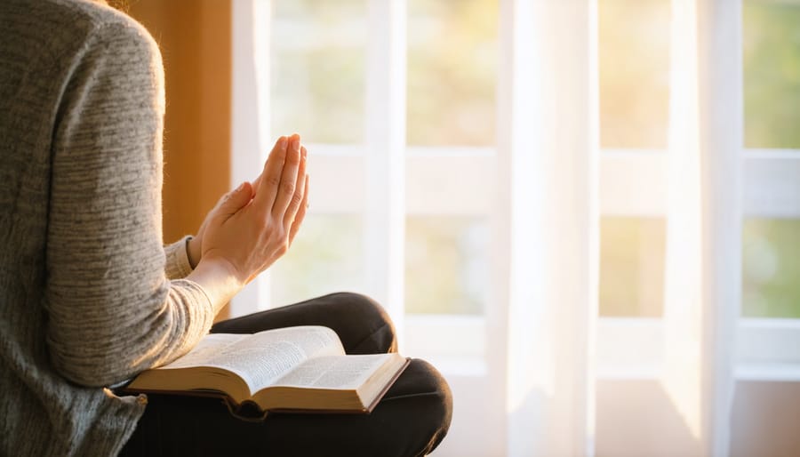 Person in peaceful prayer with open Bible and sunlight