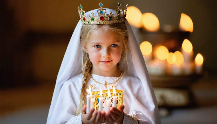 Traditional Saint Lucia celebration with girl wearing white dress and crown of lights