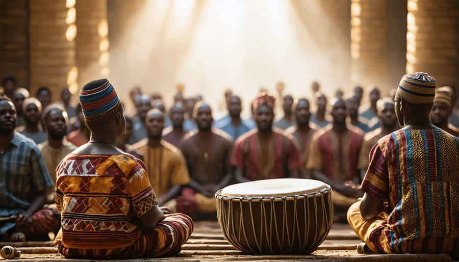 Diverse congregation during worship with musicians playing both traditional Yoruba and contemporary instruments