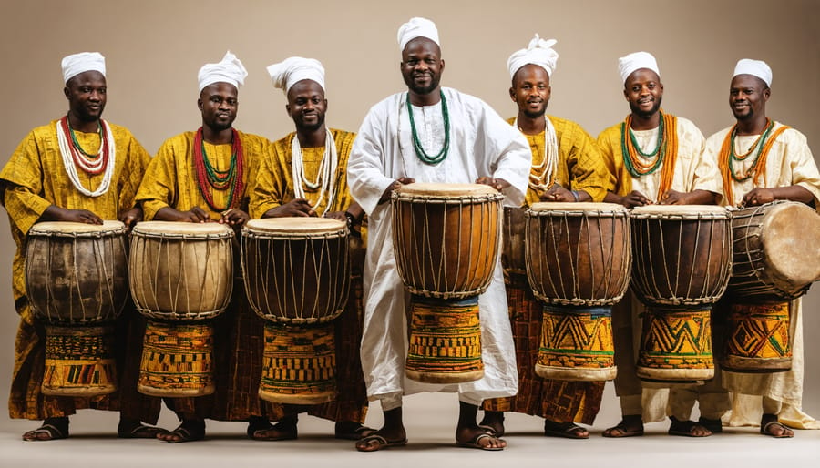 Set of ornately decorated Yoruba talking drums of varying sizes used in sacred worship