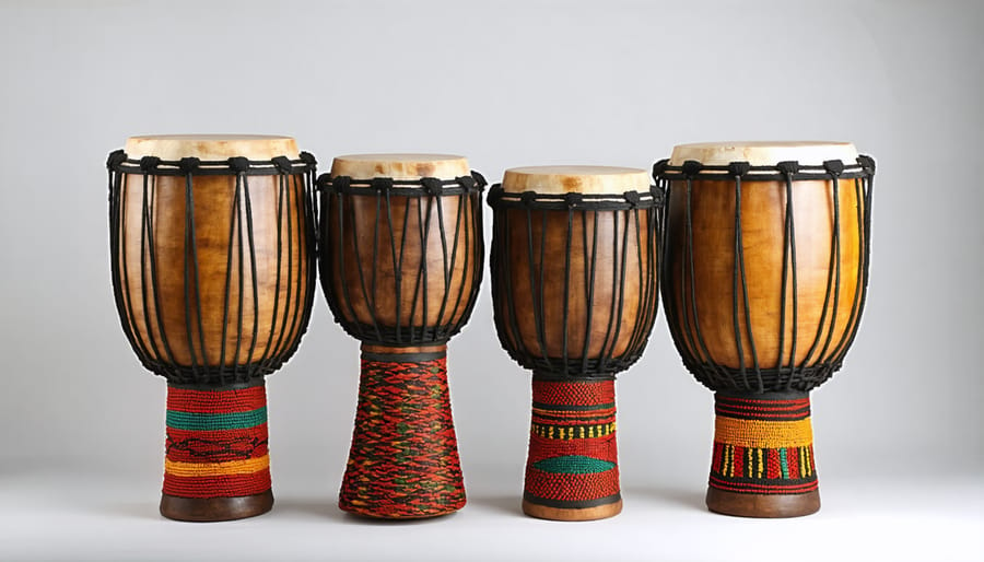 Set of ornately decorated Yoruba talking drums of varying sizes used in sacred worship