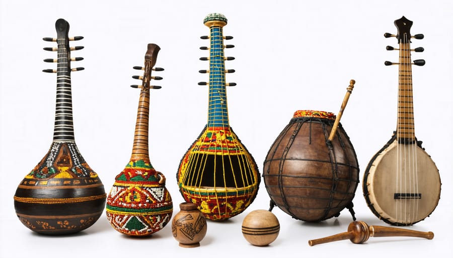 Display of various Yoruba worship instruments including bells, shakers, and smaller percussion instruments