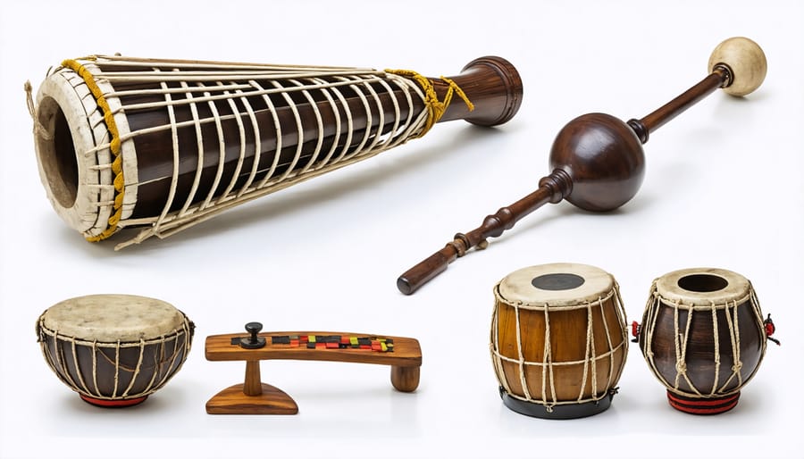 Display of various Yoruba worship instruments including bells, shakers, and smaller percussion instruments