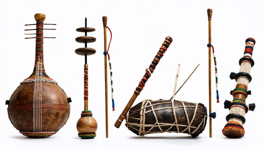 Display of various Yoruba worship instruments including bells, shakers, and smaller percussion instruments